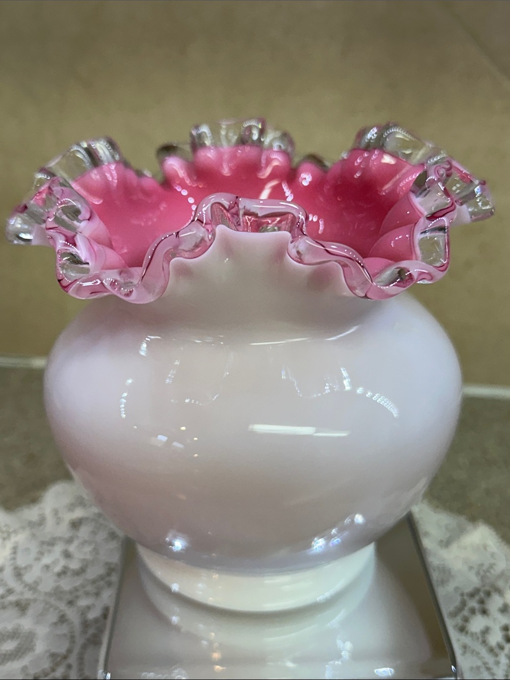 Vintage Fenton Peach Crest Ruffled Rose Bowl Vase White Milk Glass Pink Interior
